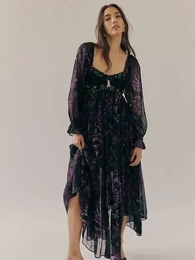 NWT Free People Timeless Tapestry Black Maxi Dress Purple Floral Print Twilight